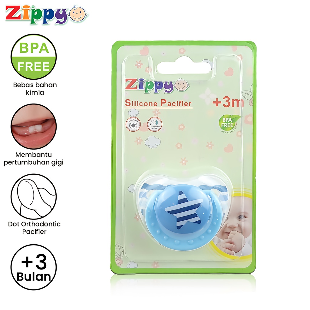 Zippy Dot / Empeng Bayi Silikon Usia 3+ Bulan Silicone Pacifier Dot Orthodontic BPA Free ZIP-OK-062 Varian Warna-Bintang Biru