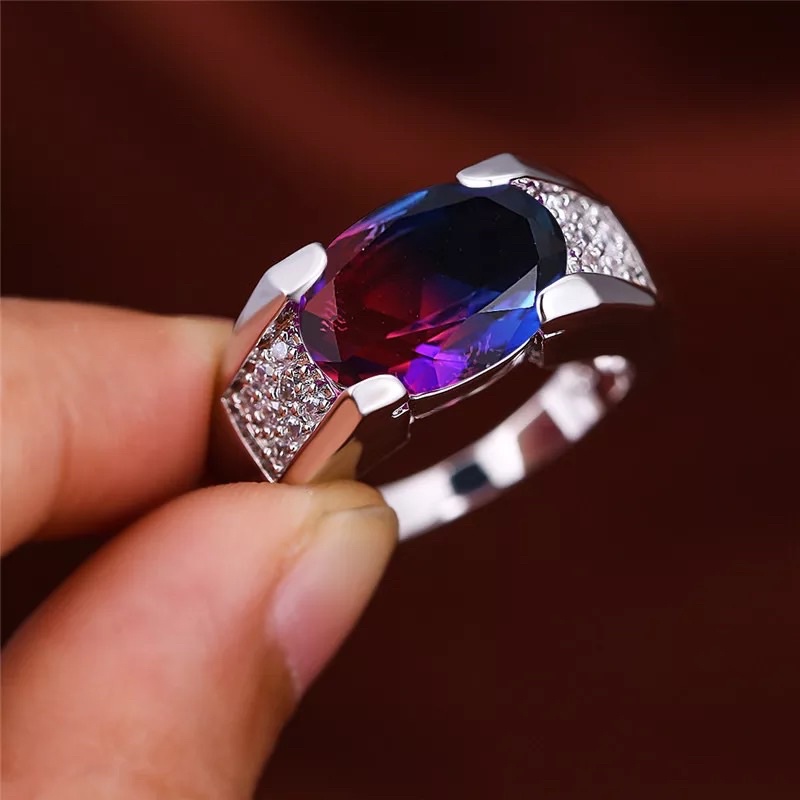 Cincin Perak Batu Ametrine Bicolor Dua Warna Cubic Zirconia Mewah Elegan High Class