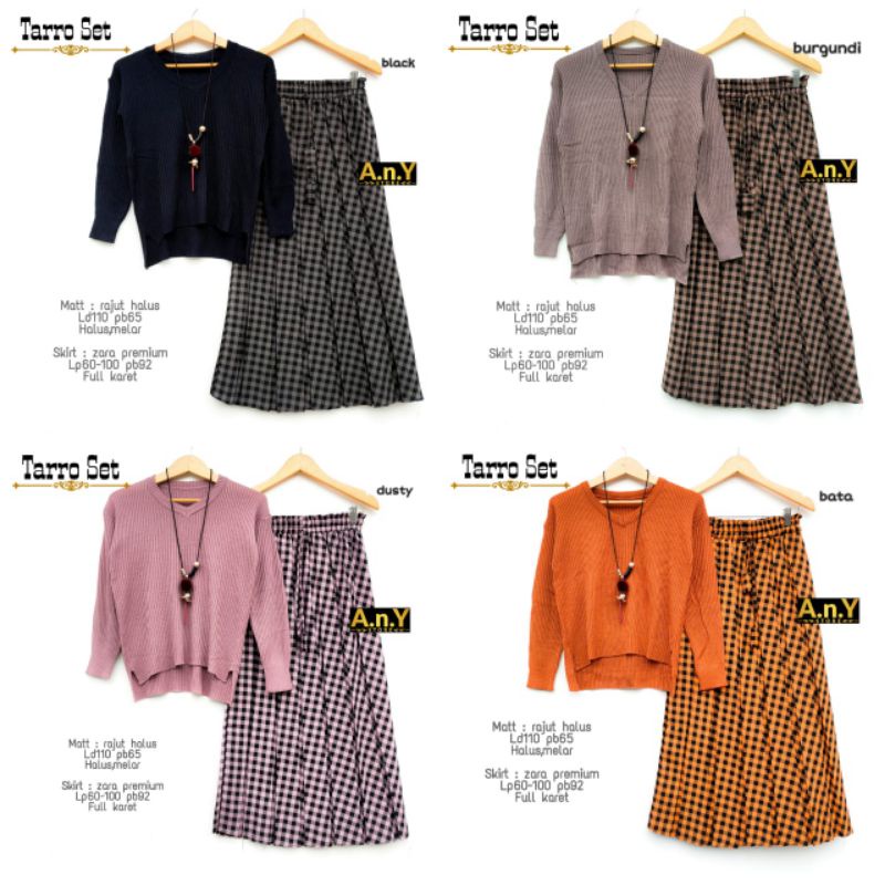 SET SWEATER RAJUT HALUS + ROK KATUN ZARA MOTIF KOTAK-KOTAK TARRO SET BY A.N.Y