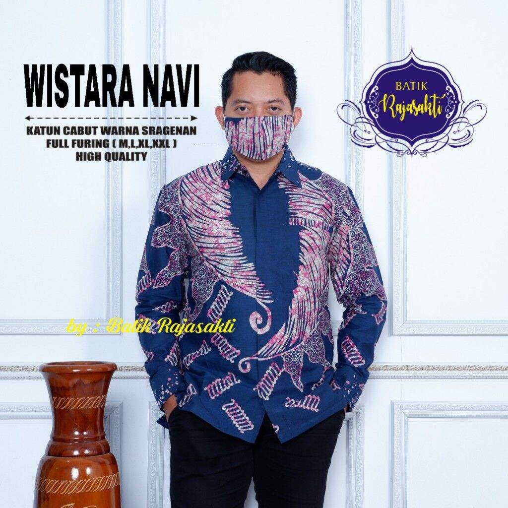 Baju batik pria warna navy terbaru / Kemeja batik navy lengan panjang pendek lapis furing WISTARA