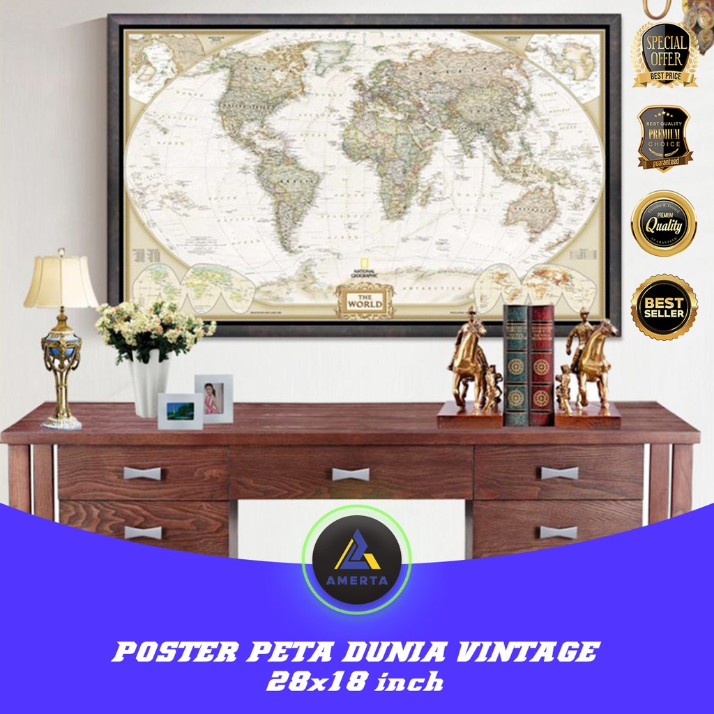 Poster Peta Dunia Large Vintage World Map 28x18 inch