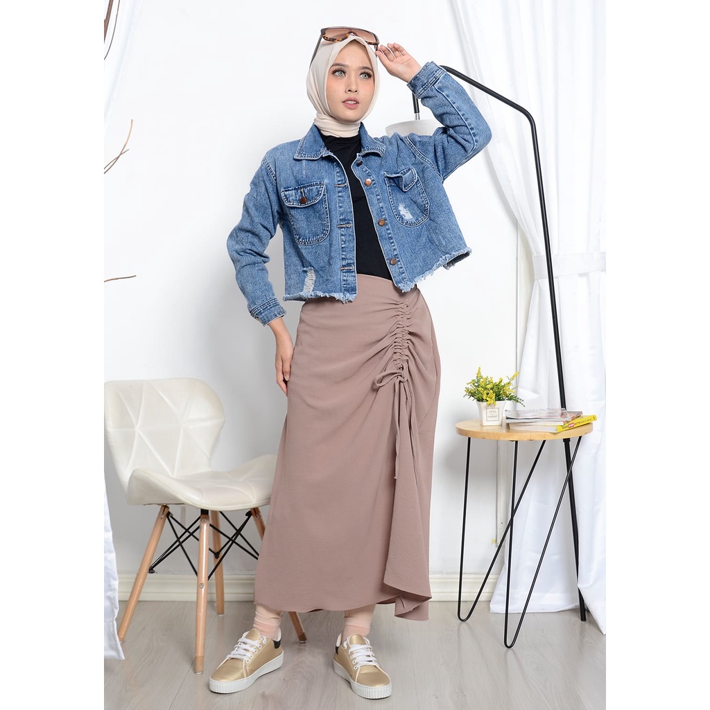 ROK SERUT L,XL,XXL CASUAL FLOWY-ROK POLOS PANJANG BAHAN CRINGCLE-ROK KEKINIAN MAXI RUCHED SKIRT