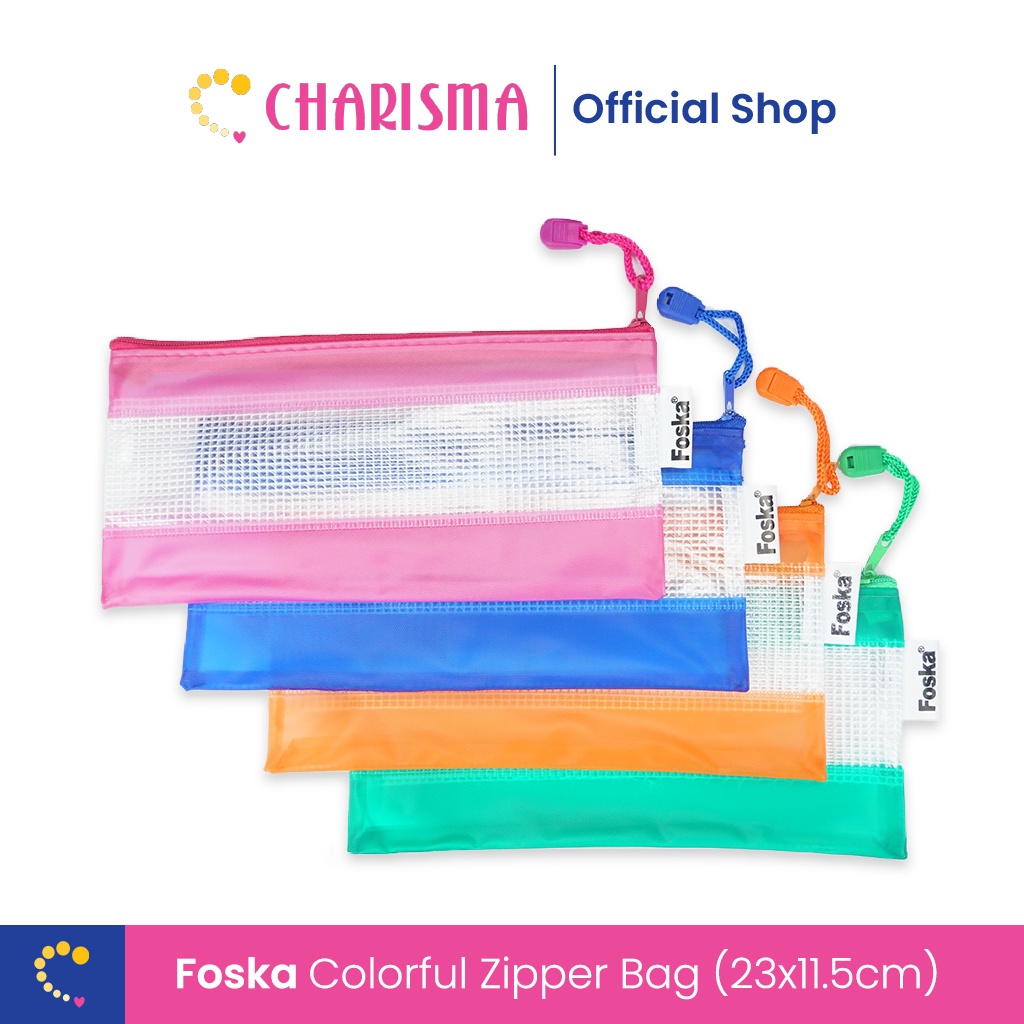 Tempat Pensil Jaring Jala Transparant - Foska Tempat Pensil Plastik Sleting - Map Zipper Pocket Tran