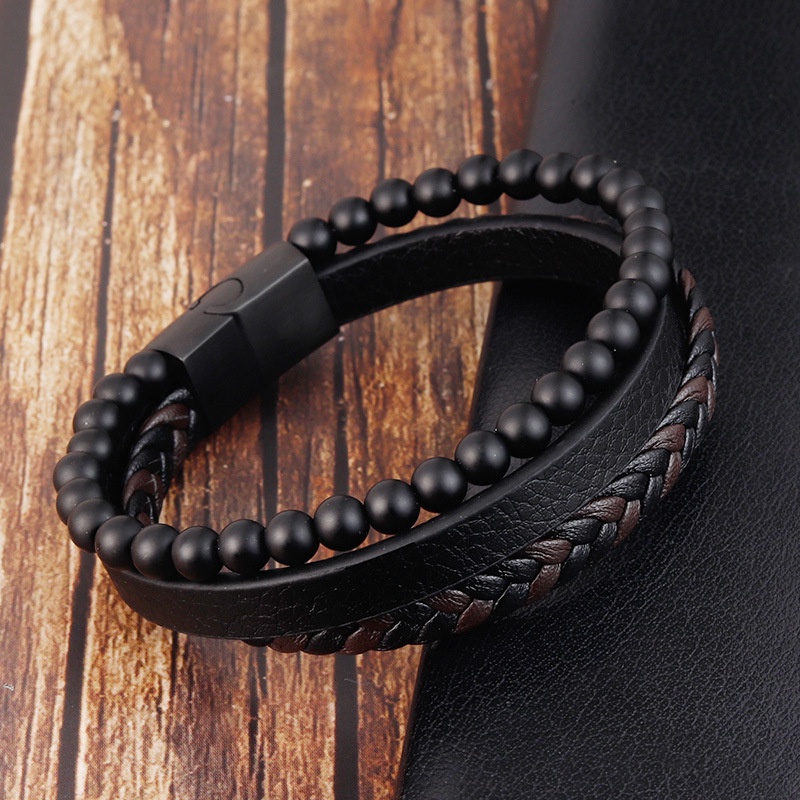 Gelang Batu Vulkanik Alami / Gelang Kulit Dikepang / Gelang Pria Multi-layer / Aksesoris Perhiasan Fashion