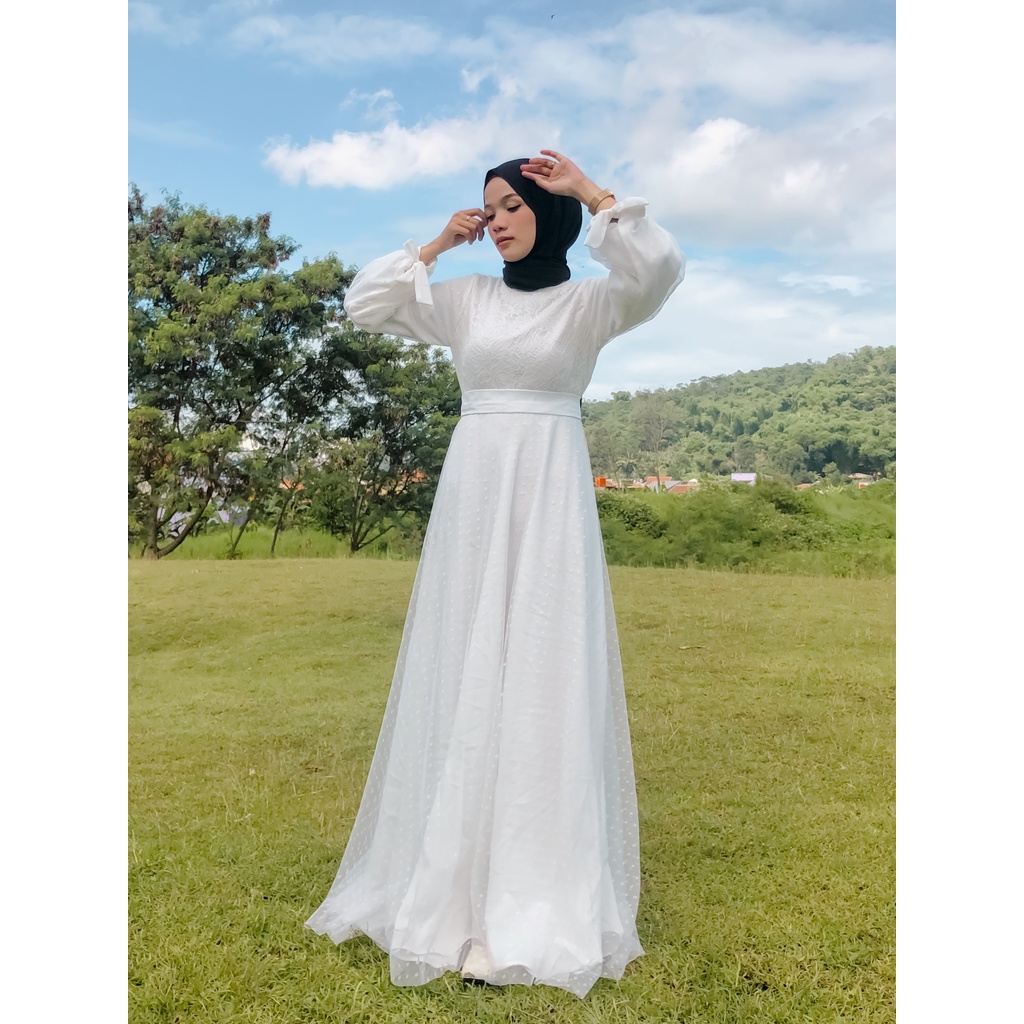 RANIA DRESS BYGIAGIO dress kondangan gaun akad simple gaun wedding pernikahan baju muslim putih gaun lamaran elegan pakaian wanita pesta elegan fashion korea dres lebaran cantik anggun mewah nyaman gaun vintage bahan lace tulle furing tebal fashion cantik