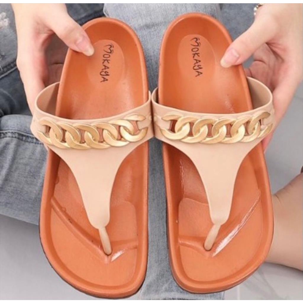 Sandal Jepit T Jelly Wanita Rantai Gold Warna Polos Keren Elegant Mewah Import Mokaya / Size 37-41 (8059/8059-1)