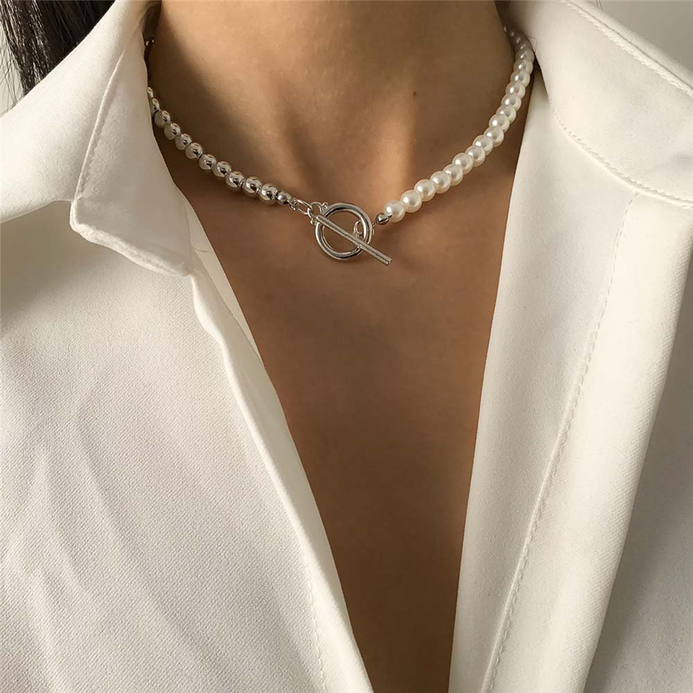 Needway  Temperament Women Necklace Simple Chocker Clavicle Chain Chain Imitation Pearl OT Buckle Korean Personality Retro Fashion Jewelry