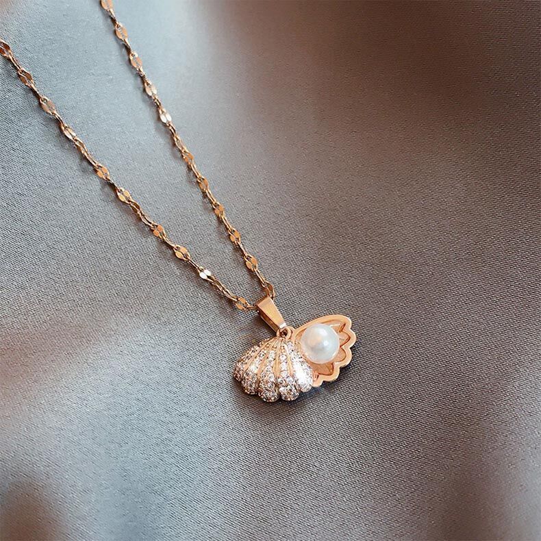 Liontin Mutiara Shell Emas 18K Titanium Steel Kalung Perempuan