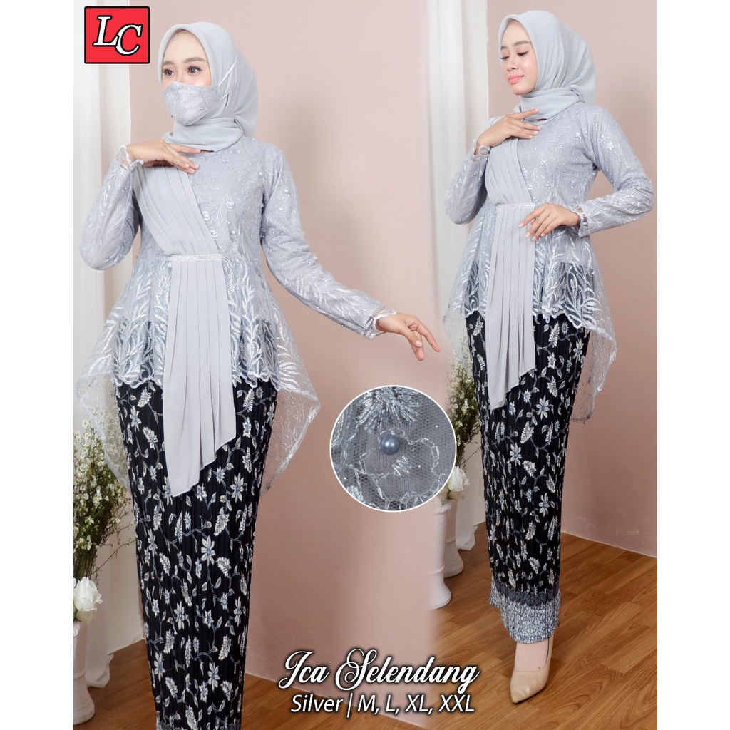 Setelan Kebaya Couple Keluarga SIlver / Kebaya Selendang / Kemeja Batik Pria / Kemeja Anak