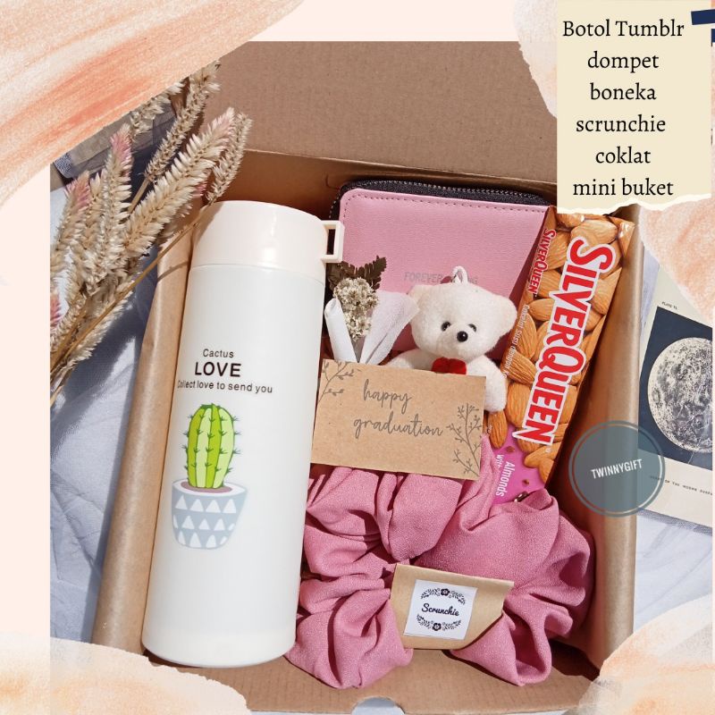 Hampers Giftbox Kado ulang tahun cewek Valentine/wisuda/wedding/Natal dompet botol tumbler boneka scrunchie