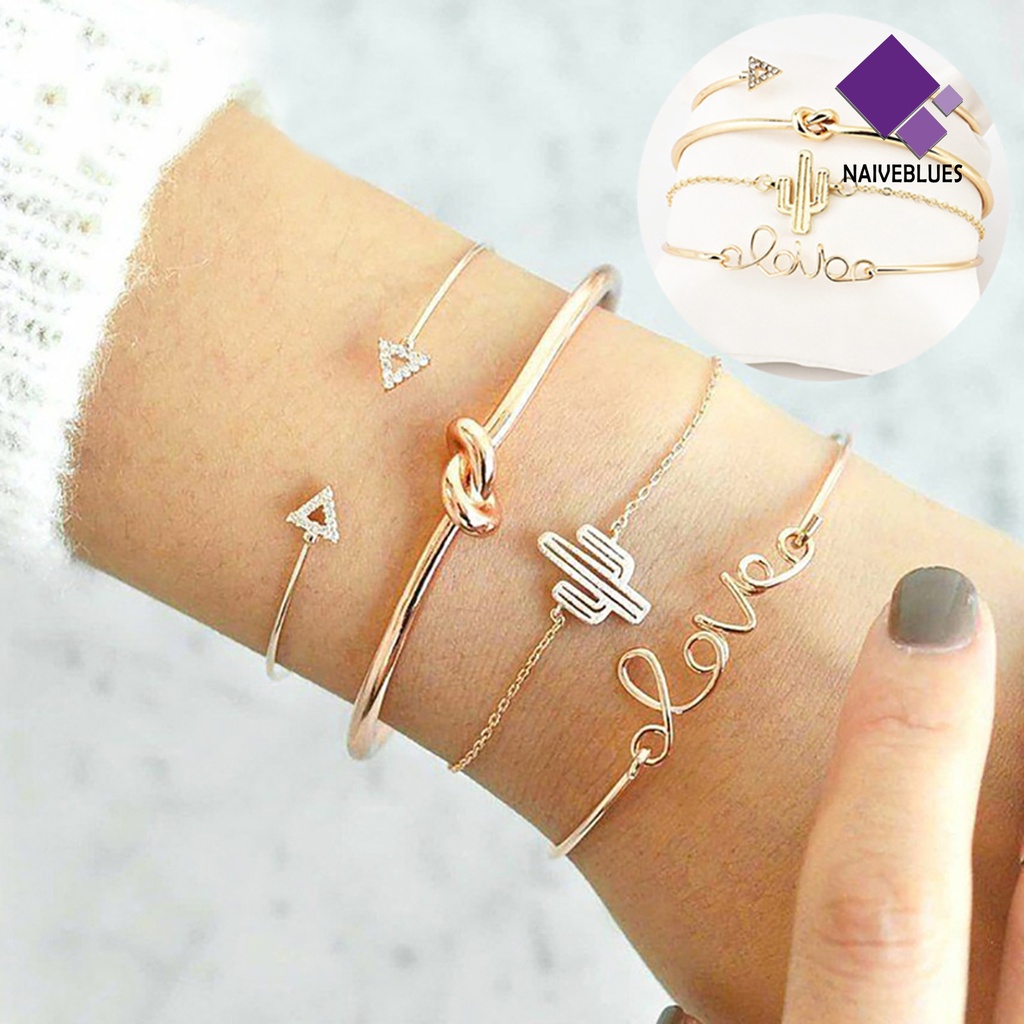 Naiveblue 4Pcs / Set Gelang Tangan Wanita Model Terbuka Adjustable Untuk Pesta / Hadiah