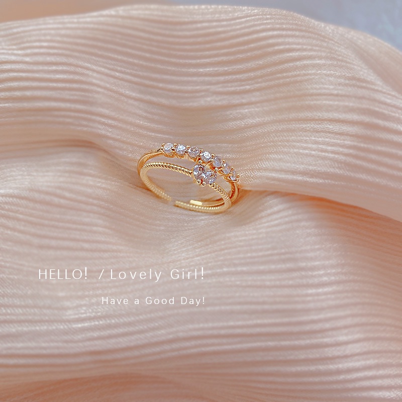 2pcs / Set Cincin Adjustable Desain Hati Hias Kristal Zircon Gaya Korea Untuk Wanita