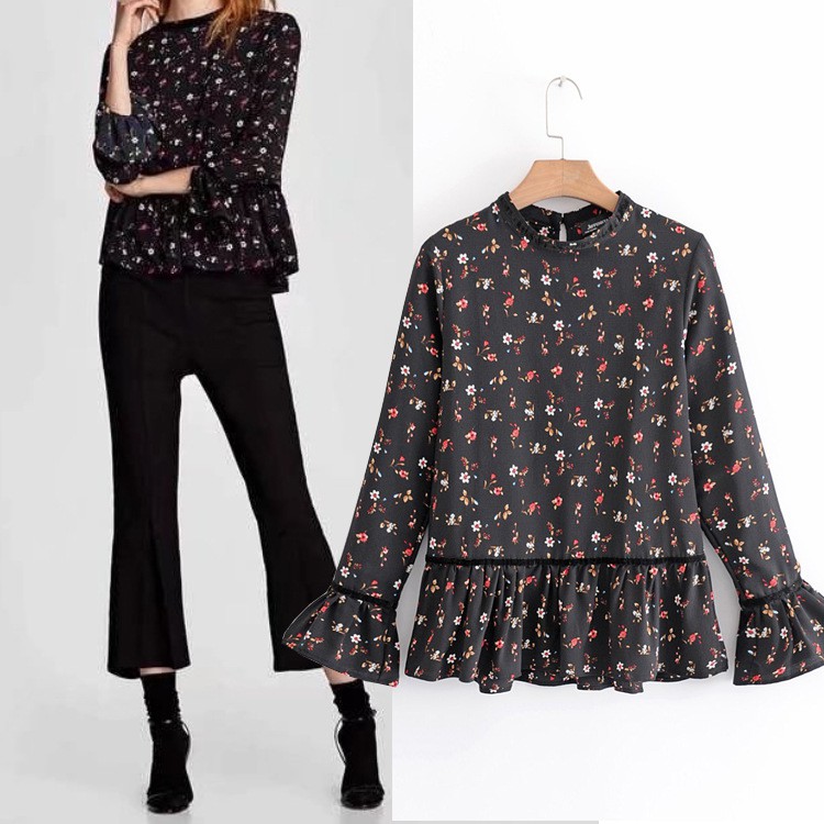 NL309- BAJU ATASAN WANITA BLOUSE IMPORT HITAM MOTIF BUNGA