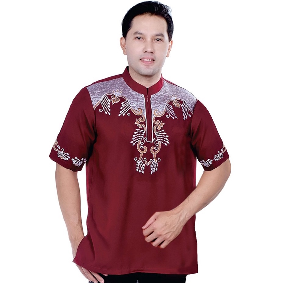 Baju Muslim Koko Pria Merah Maroon Bordir