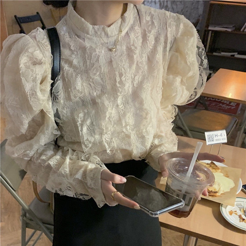 atasan renda import French retro stand collar lace shirt women s sweet and chic fairy top women