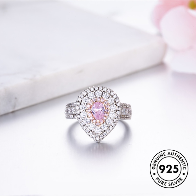 Cincin S925 Silver Rose Gold Bentuk Water Drop Pear Aksen Berlian