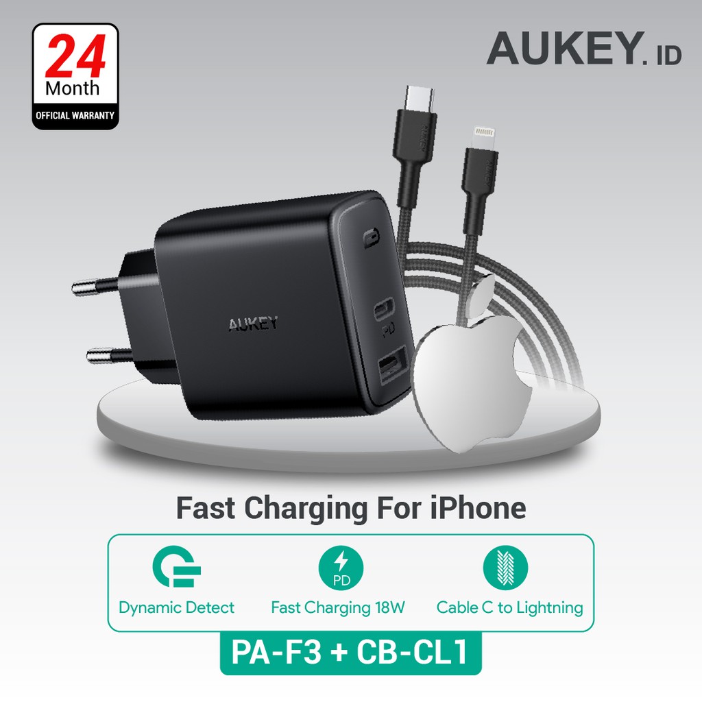 Aukey Charger PA-F3 + Aukey Cable CB-CL1 Black