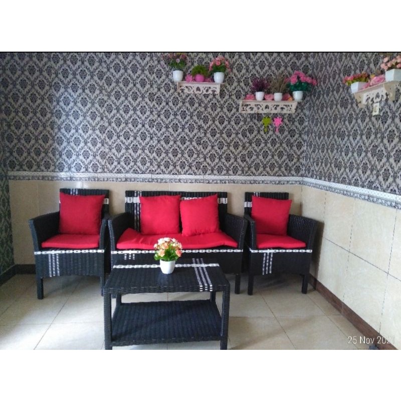 kursi shofa hawai tamu minimalis set bantal rotan sintetis