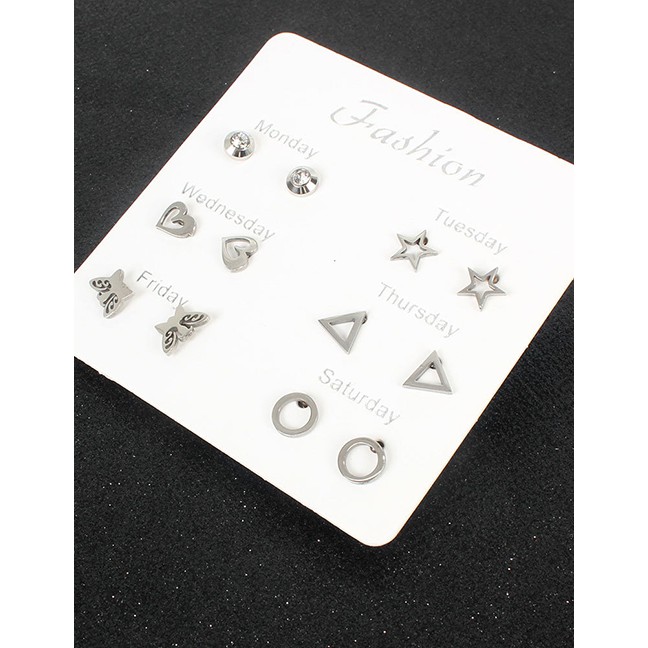 LRC Anting Set Fashion Silver Butterfly Five-pointed Star Diamond Heart K60435