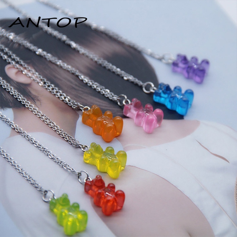 Transparan Beruang Bulat Rantai Kalung Liontin Resin Kartun Warna Cerah Fashion Jewelry ANTOP