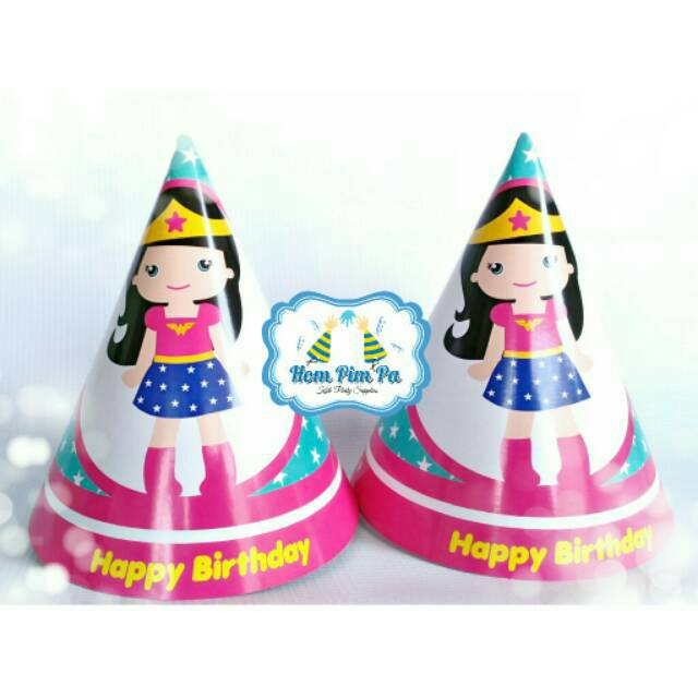 Topi ulang tahun kerucut wonder woman / topi ultah wonder woman hompimpa