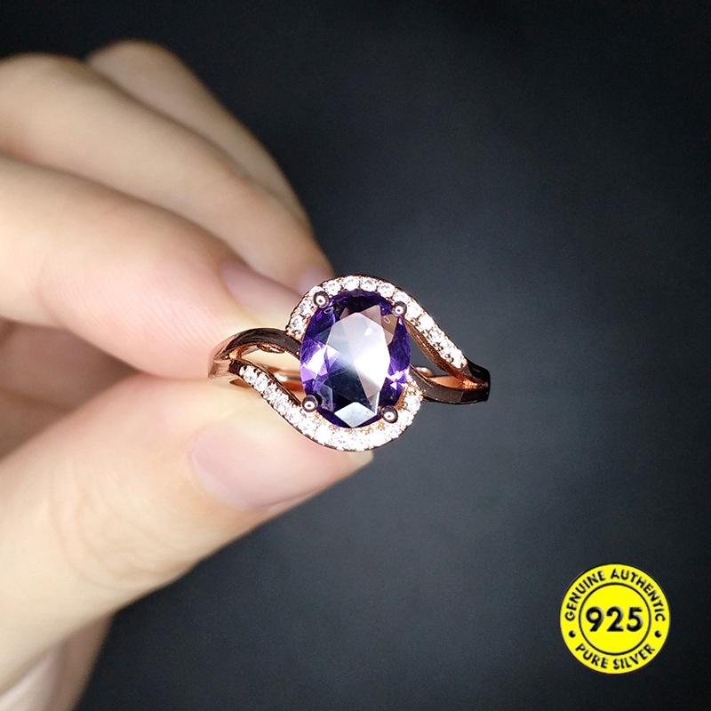 Cincin Rose Gold 18k Adjustable Dengan Batu Amethyst Mewah Untuk Wanita