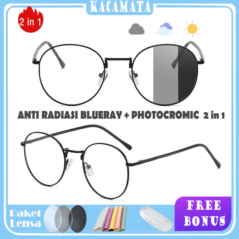 Kacamata Korea Bulat PHOTOCROMIC ANTI RADIASI BLUERAY 2in1 Fashion Kekinian pria dan wanita 9018-FULL BLACK