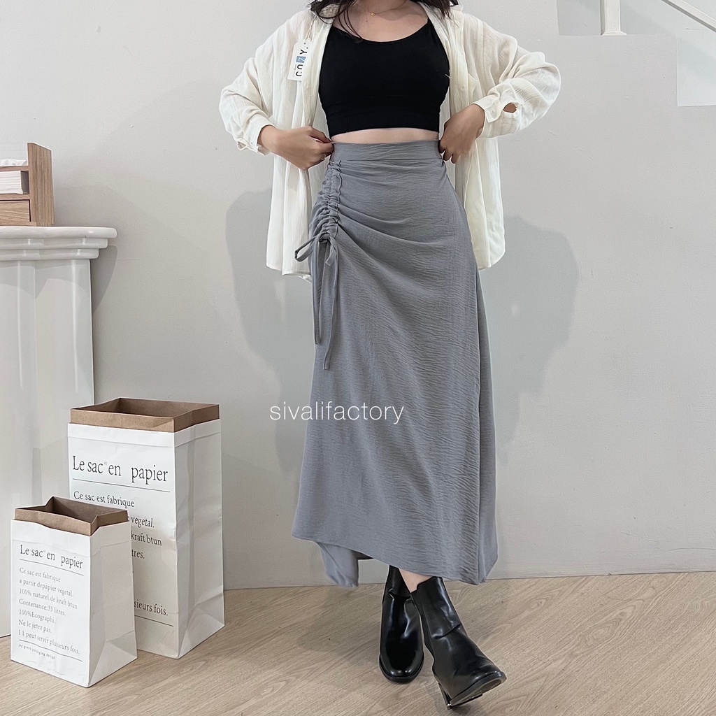 Tamara Skirt - Rok Serut Casual Flowy - Midi Maxi Ruched Skirt - Rok Wanita Korean Look-Grey