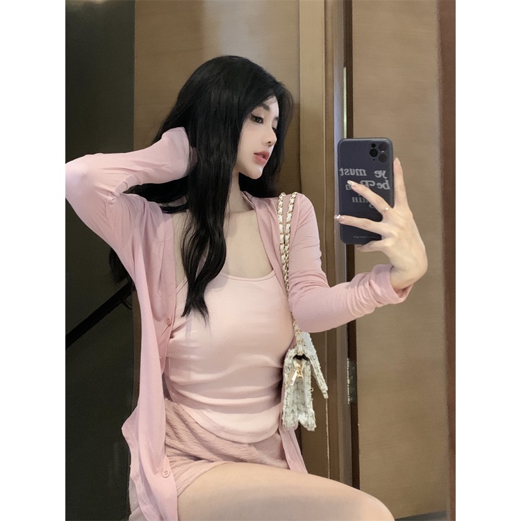 Suhao pink slim lengan panjang kardigan rajutan wanita musim panas 2022 baru blus tabir surya tipis