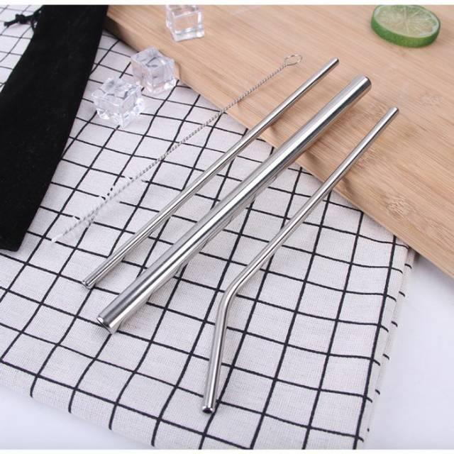 SET sedotan stainless steel straw besi bonus sarung hitam reusable - Silver
