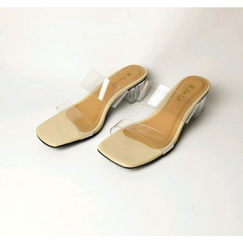 IMPOR / Sandal Higheels Kaca Wanita Ukuran Besar 41-45 / Slop Pesta Chunky Krem Kasual JUMBO, 44