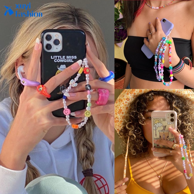 2021 New Ins Trendy Colorful Smiling Beads Chain Cell Phone Chain Anti-lost Handmade Acrylic Cable Lanyard for Women