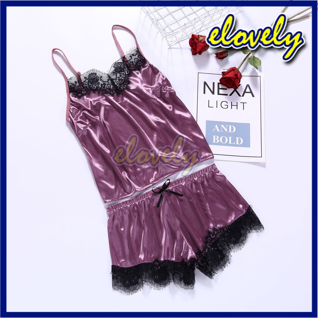 Elovely Lingerie Sexy Hot Pakaian Dalam Wanita Set Lingerie Celana Renda Seksi + Tank Top Set Baju Tidur Malam | L021-purple