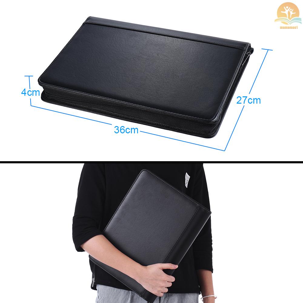 Multifunctional Professional Business Portfolio Padfolio Folder Document Case Organizer A4 PU Leather Zippered Closure Loose-leaf Loop with Business Card Holder Memo Note Pad