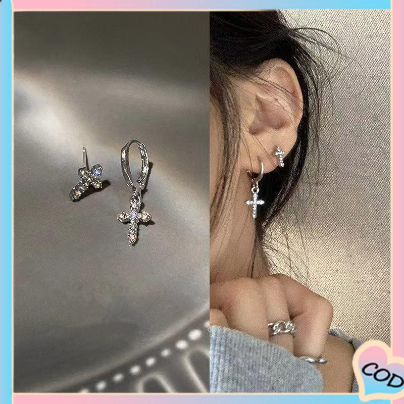 COD❤️ Anting Stud Asimetris Desain Salib Aksen Berlian Kilau-A.one