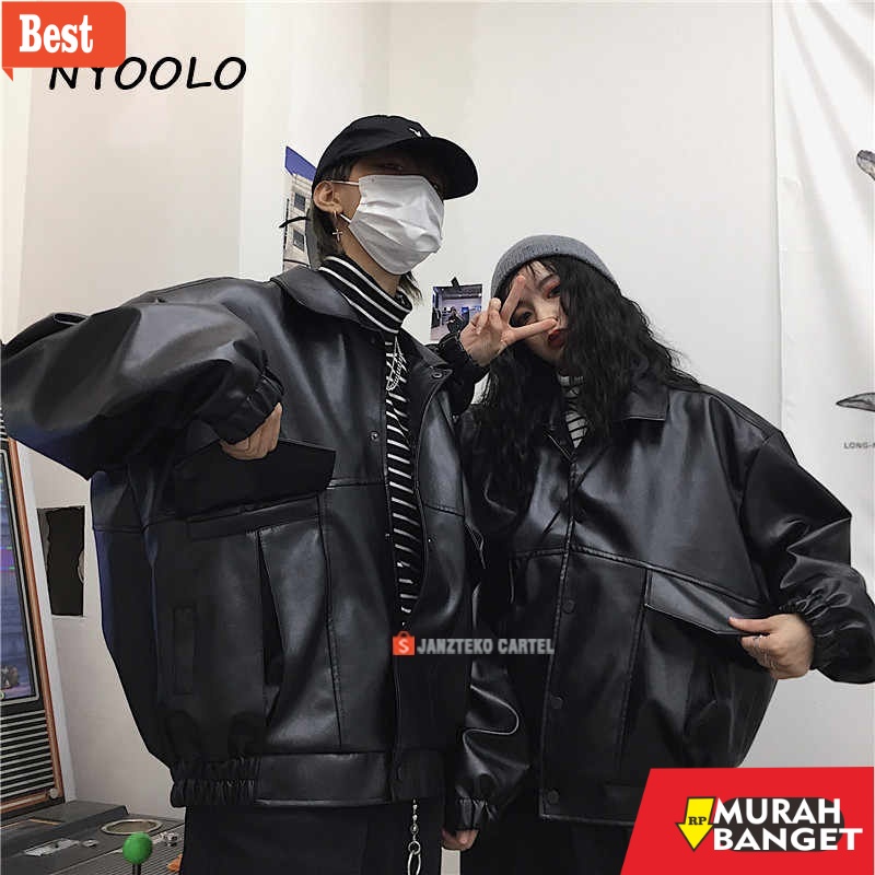 Jaket kulit terbaik- JNK x CPL - Jaket Oversize Pria Wanita Big Size Bahan PU Faux Synthetic Leather