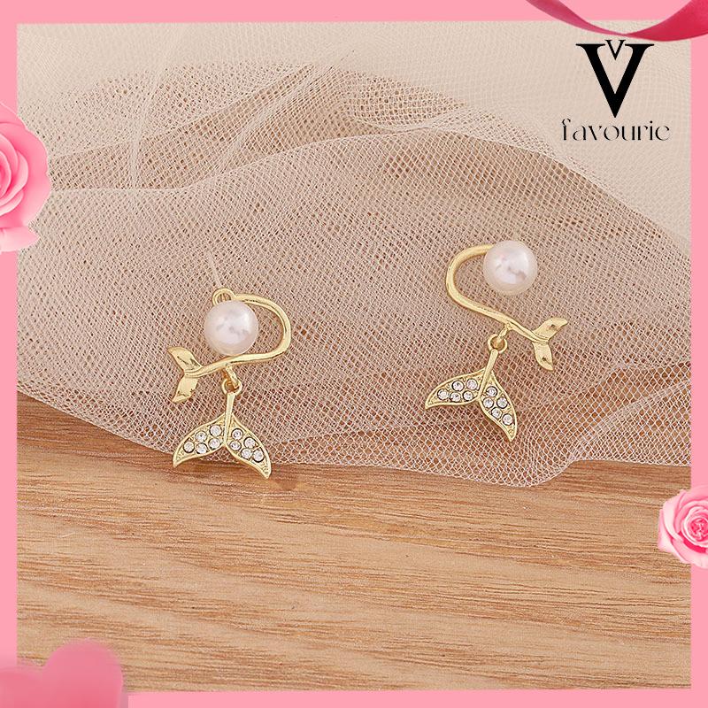 [COD]Pearl Fishtail Back Hanging Earrings Wanita High-end Cahaya Mewah Penuh Berlian Anting Geometris-FA