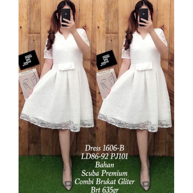 Dress Scuba brokat putih wanita 1606 b