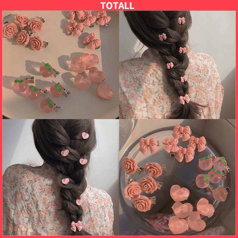 COD 5 PCS Manis Pink Jepit Rambut Gadis Busur Peach Camellia Sisi Klip Aksesoris Rambut-Totall