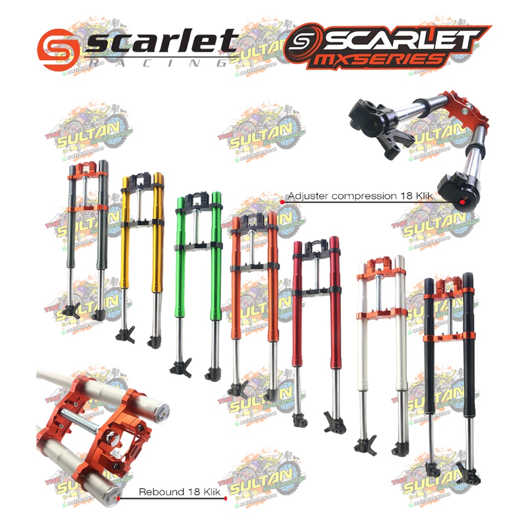 SHOCK DEPAN UPSIDE DOWN DOUBLE ADJUSTER FULL CNC + STANG KLX SCARLET RACING