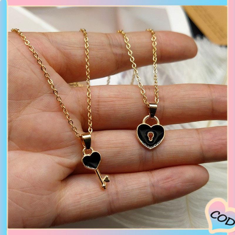 COD❤️ Desain Kunci Hati Pasangan Kalung Rantai Klavikula Proses Perawatan Minyak Menetes-A.one