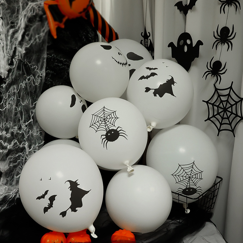 10 Pcs Balon Latex Motif Print Hantu / Kelelawar / Laba-Laba Warna Putih Untuk Dekorasi Halloween
