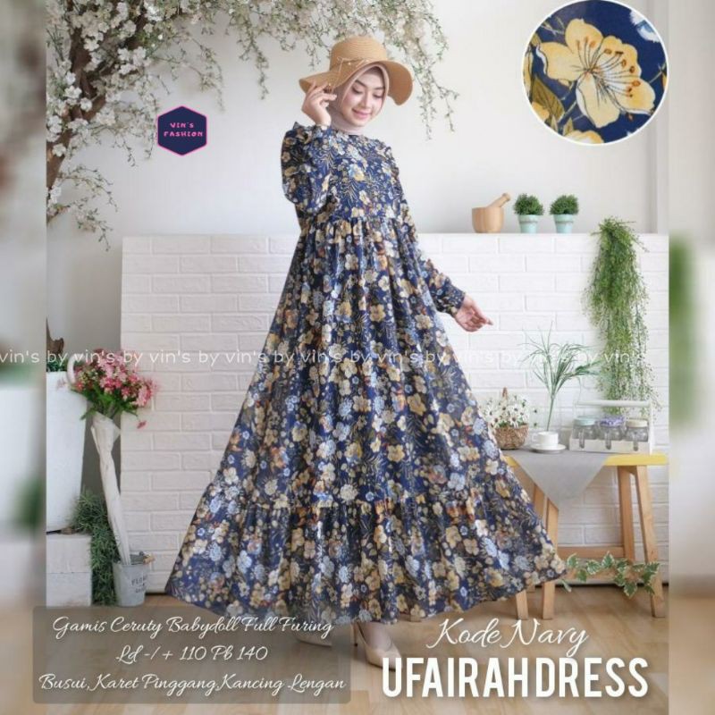 UFAIRAH DRESS BAHAN CERUTY BABYDOLL FULL FURING LD 110 PB 140 BUSUI FRIENDLY PINGGANG KARET