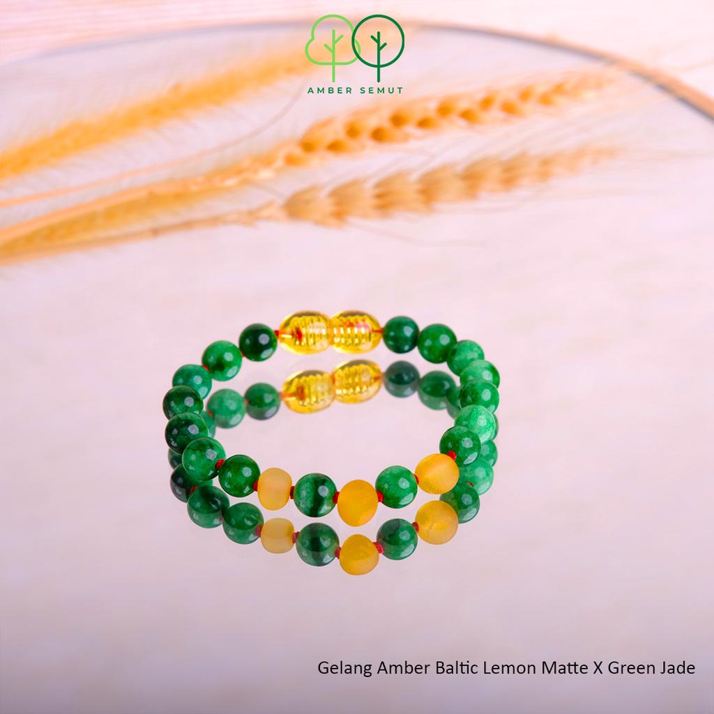 PROMO FREE GELANG - Kalung Amber Lemon Matte X Green Jade Resizeable by AMBER SEMUT