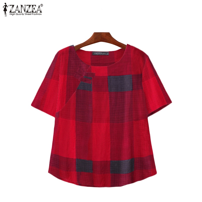 ZANZEA Womens Round Neck Check Plaid Short Sleeve Casual Loose Blouse