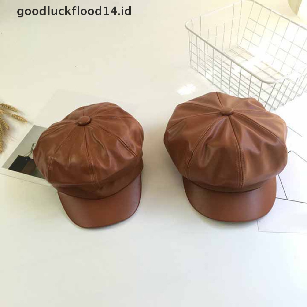 Topi Kasual Bentuk Octagonal Bahan Kulit PU Warna Solid Gaya Vintage Untuk Wanita