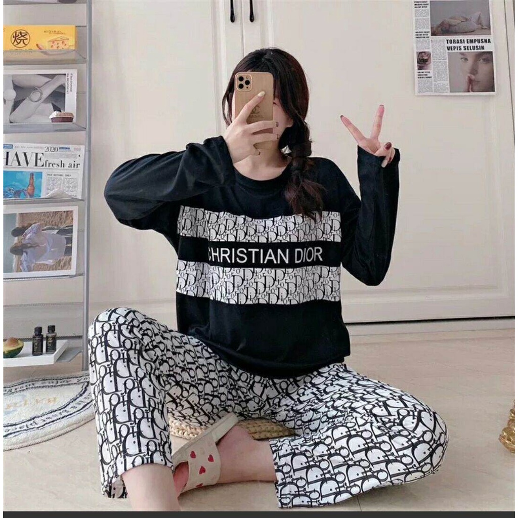 COMFIT STORE PJ3 PP Setelan Piyama Wanita Jumbo Tangan Panjang Celana oversize Baju Tidur Dewasa Import Korea-DIYOR HITAM