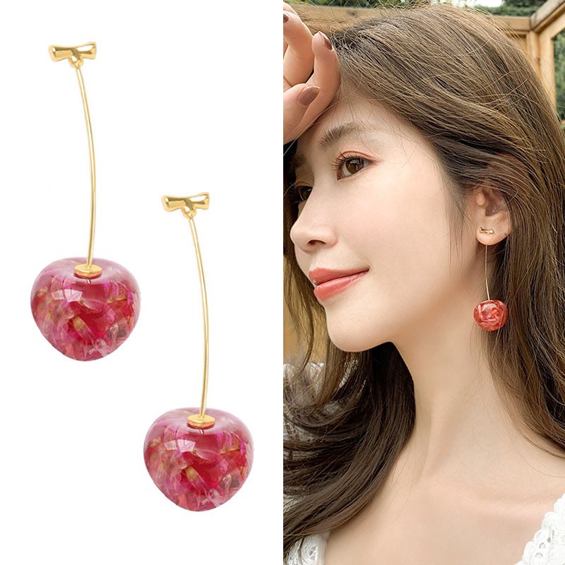 Anting Panjang Desain Bunga Cherry Kering Gaya Perancis Untuk Wanita