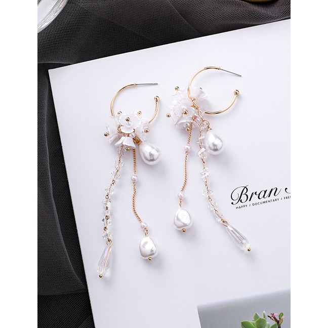 LRC Anting Tusuk Fashion Gold Pearl Crystal Flower Tassel F54845