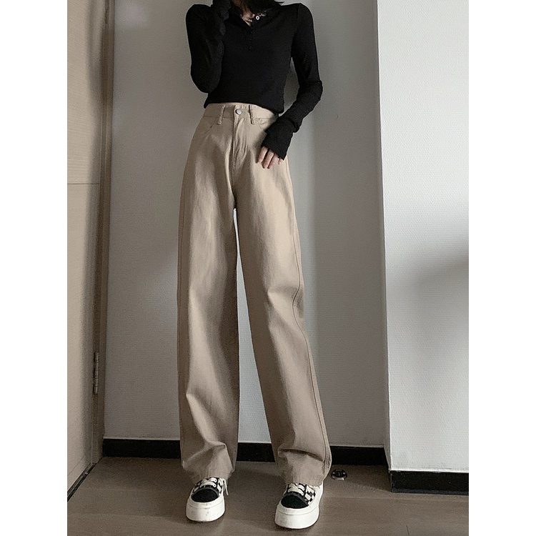 Import Korean Style Highwaist Loose Khaki Celana Jeans Panjang Wanita